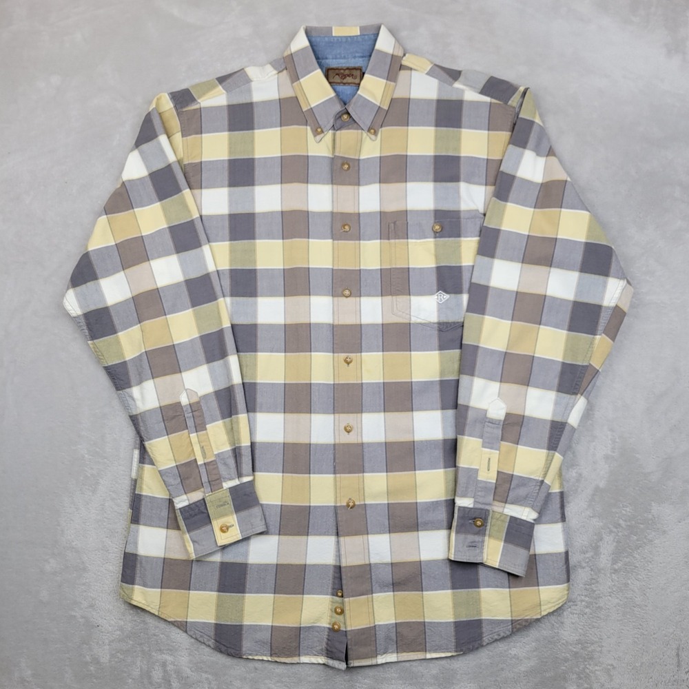 Roper Shirt Mens Medium Large Yellow Gray Brown Plaid Button Up‎ Western Cotton